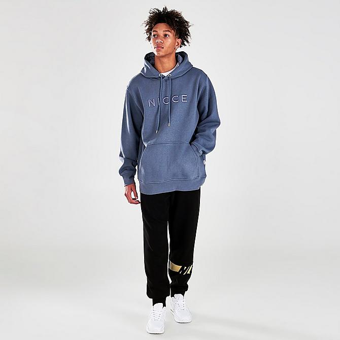 Front Three Quarter view of Men's Nicce Mercury Embroidered Pullover Hoodie in Blue Click to zoom