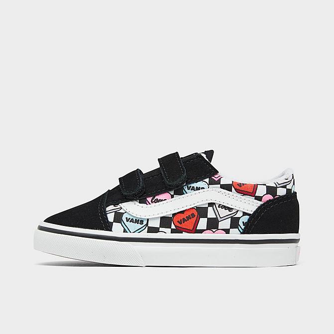 Right view of Girls' Toddler Vans Old Skool Hook-and-Loop Casual Shoes in Black/White/Multi Click to zoom