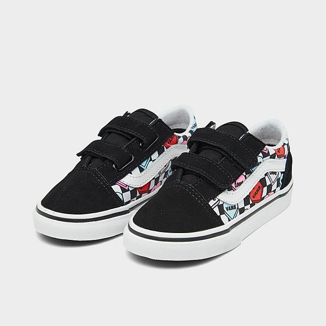 Three Quarter view of Girls' Toddler Vans Old Skool Hook-and-Loop Casual Shoes in Black/White/Multi Click to zoom