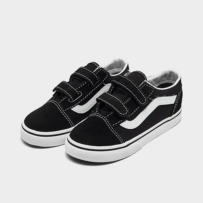 Three Quarter view of Kids' Toddler Vans Old Skool Hook-and-Loop Casual Shoes in Black/White Click to zoom