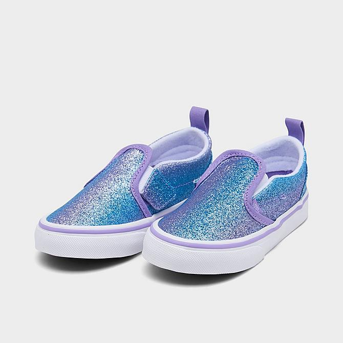 Three Quarter view of Girls' Toddler Vans Ombre Glitter Classic Slip-On Casual Shoes in Multi/True White Click to zoom