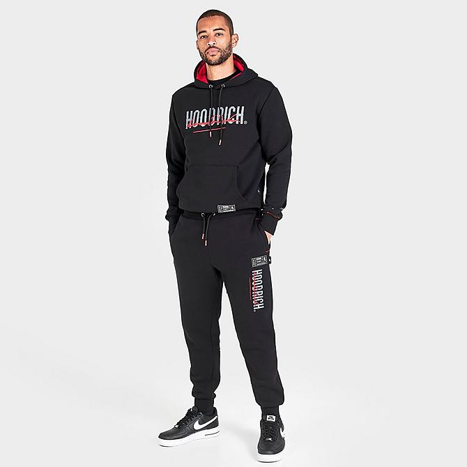 Front Three Quarter view of Men's Hoodrich OG Blend Graphic Print Jogger Pants in Black/Iron Gate/Lychee Click to zoom