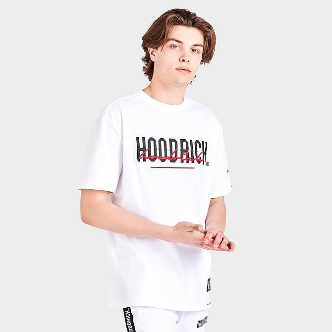 Back Left view of Men's Hoodrich OG Blend Graphic Print Short-Sleeve T-Shirt in White/Black/Irongate/Lychee Click to zoom