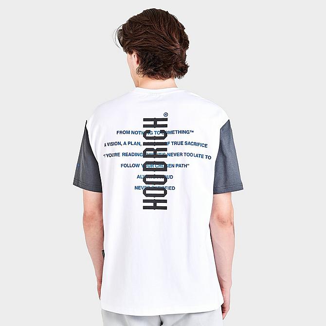 Back Left view of Men's Hoodrich OG Levelz Graphic Print Short-Sleeve T-Shirt in White/Irongate/Black/Strong Blue Click to zoom