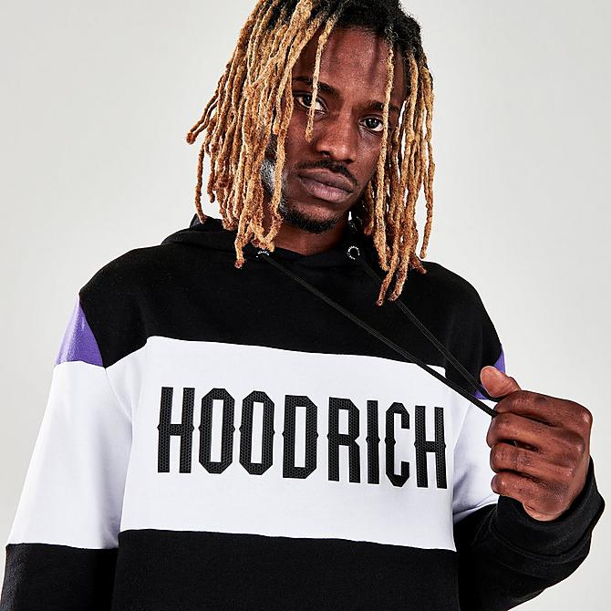 On Model 5 view of Men's Hoodrich Oxen Pullover Hoodie in Black/White/Purple Click to zoom
