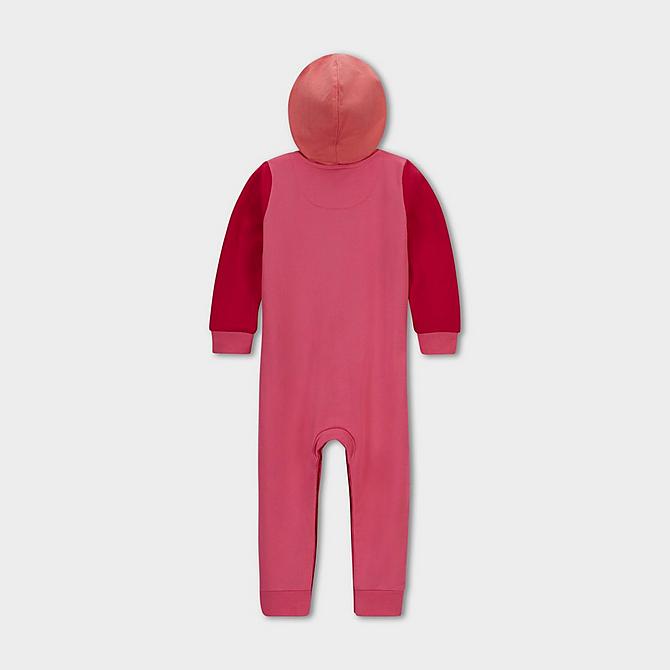 [angle] view of Girls' Infant Jordan Jumpman Hooded Coverall Onesie (0M - 9M) in Pinksicle/Rush Pink/Pink Salt/White Click to zoom