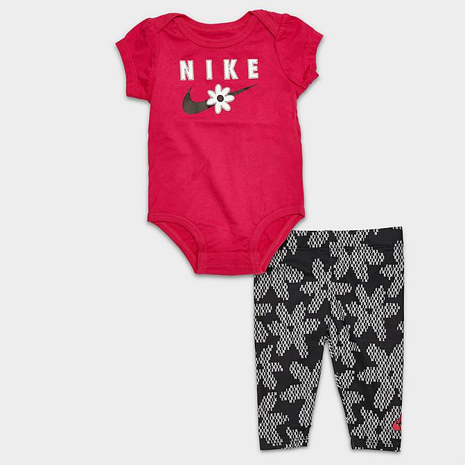 [angle] view of Girls' Infant Nike Sportswear Sport Daisy Bodysuit and Leggings Set (0M - 9M) in Pink/Black Click to zoom