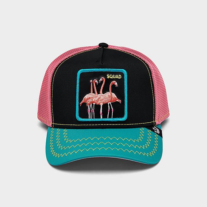 Three Quarter view of Goorin Bros. Flamingoals Trucker Hat in Black/Pink/Blue Click to zoom