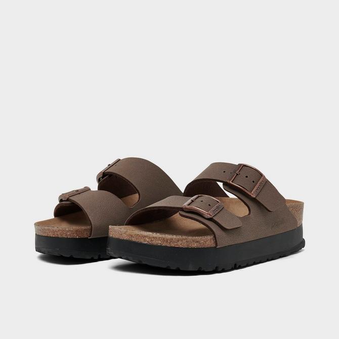 Three Quarter view of Women’s Birkenstock Arizona Flex Birko-Flor Platform Sandals in Mocha Click to zoom