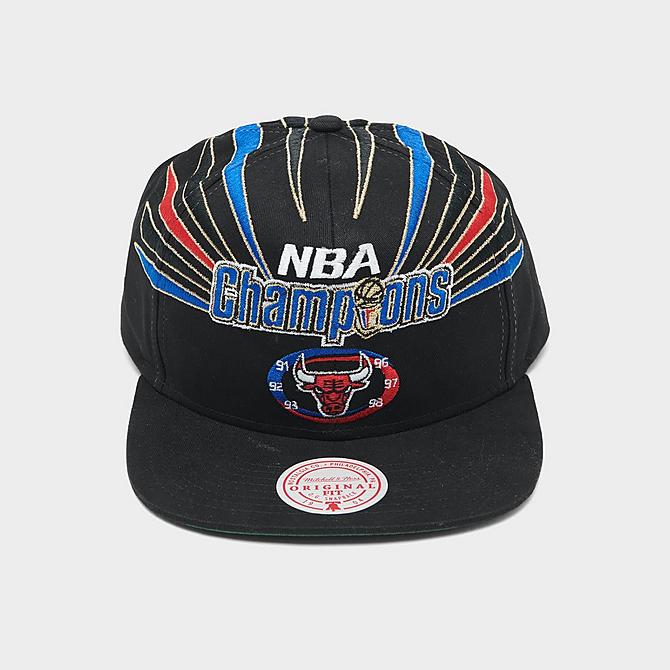 Three Quarter view of Mitchell & Ness Chicago Bulls NBA '98 Finals Adjustable Strapback Hat in Black/Multi Click to zoom