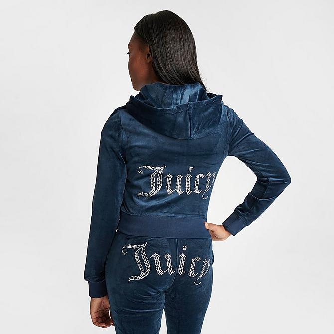 Back Left view of Women's Juicy Couture OG Big Bling Velour Zip-Up Hoodie in Navy Click to zoom
