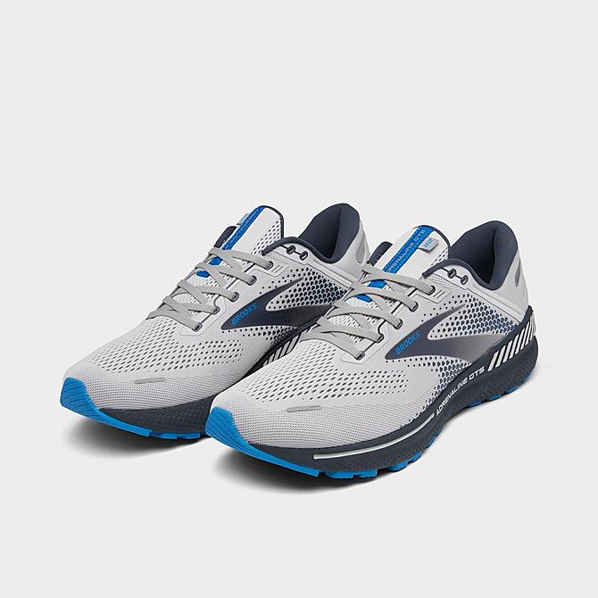 Three Quarter view of Men's Brooks Adrenaline GTS 22 Running Shoes in Oyster/India Ink/Blue Click to zoom