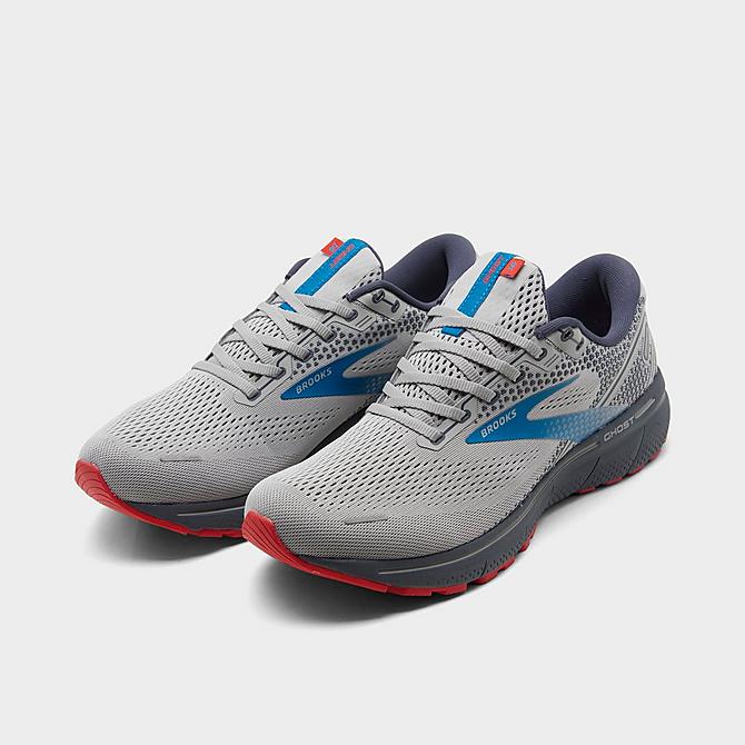 Three Quarter view of Men's Brooks Ghost 14 Running Shoes in Grey/Blue/Red Click to zoom