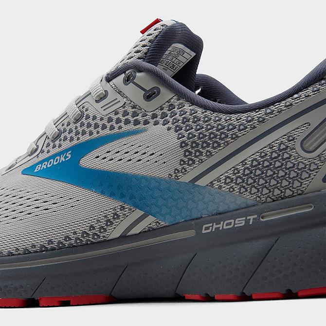 Front view of Men's Brooks Ghost 14 Running Shoes in Grey/Blue/Red Click to zoom