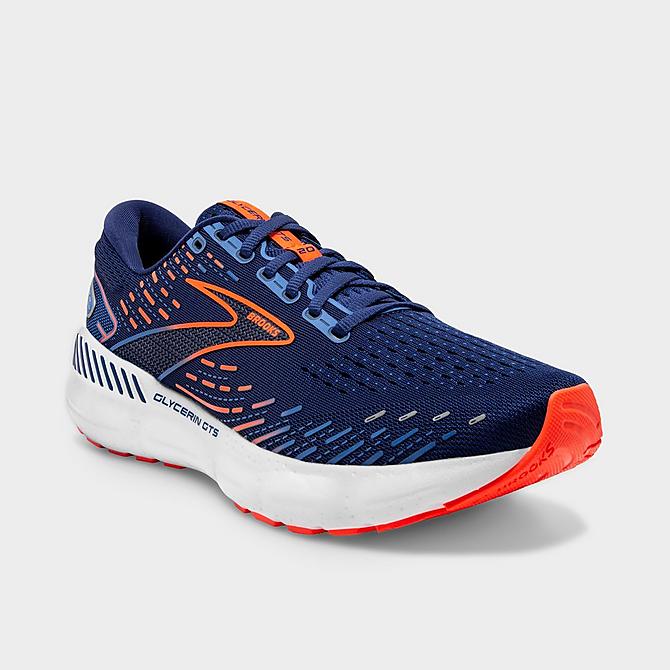 Three Quarter view of Men's Brooks Glycerin GTS 20 Running Shoes (Wide Width 2E) in Blue Depths/Palace Blue/Orange Click to zoom