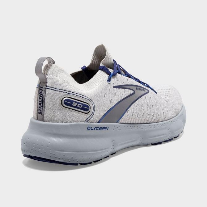 Left view of Men's Brooks Glycerin StealthFit 20 Running Shoes in Oyster/Alloy/Blue Depths Click to zoom