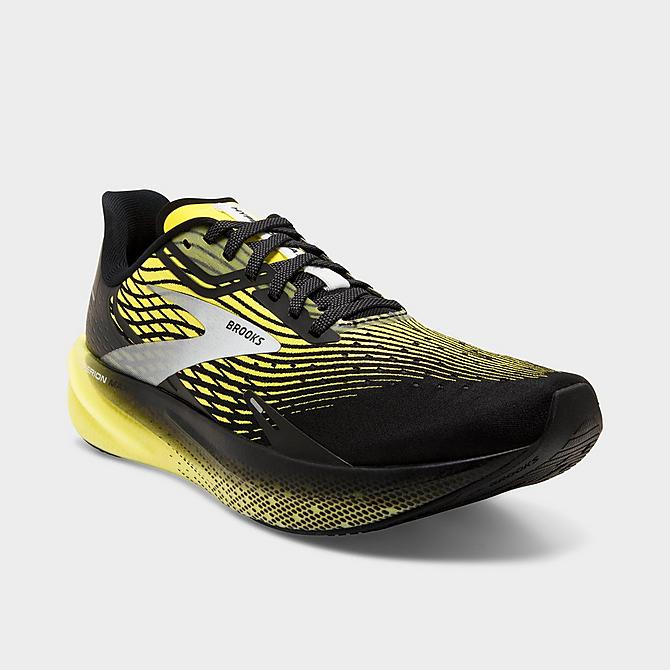 Three Quarter view of Men's Brooks Hyperion Max Running Shoes in Black/Blazing Yellow/White Click to zoom