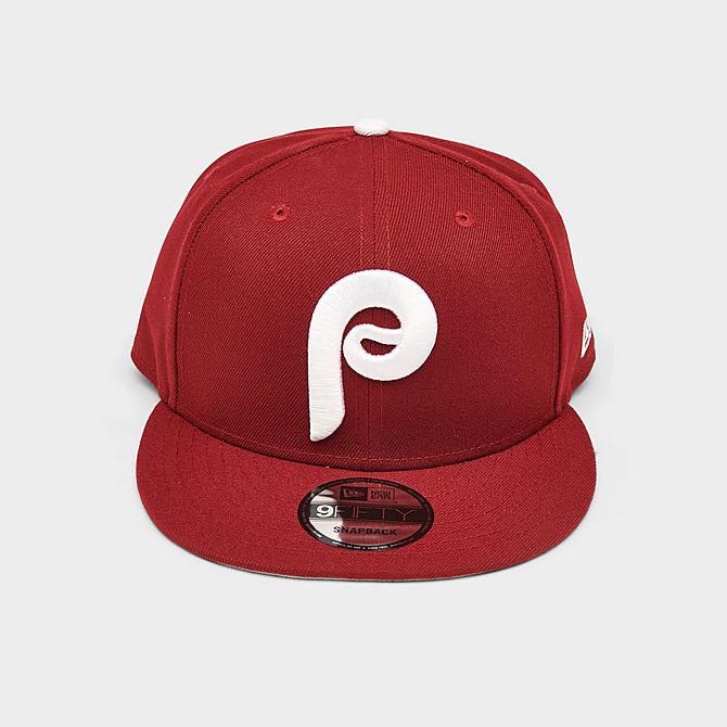 Three Quarter view of New Era Philadelphia Phillies MLB Basic 9FIFTY Snapback Hat in Red/White Click to zoom
