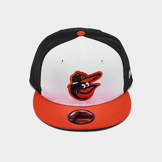 Three Quarter view of New Era Baltimore Orioles MLB Basic 9FIFTY Snapback Hat in Black/White/Orange Click to zoom