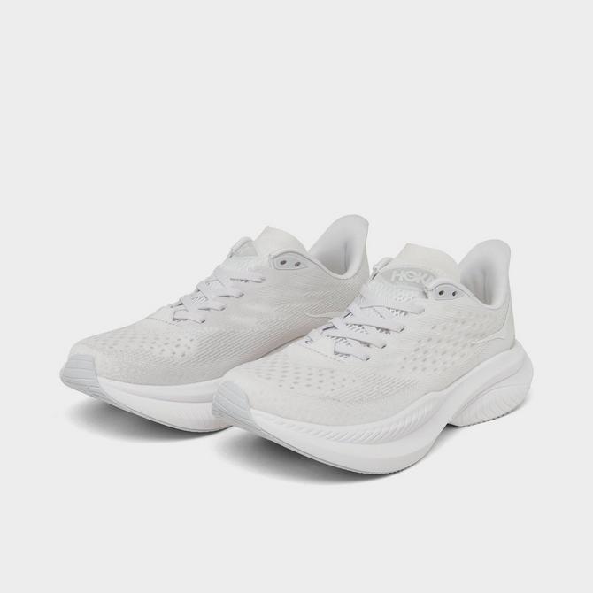 Three Quarter view of Women's HOKA Mach 6 Running Shoes in Guava/White Click to zoom