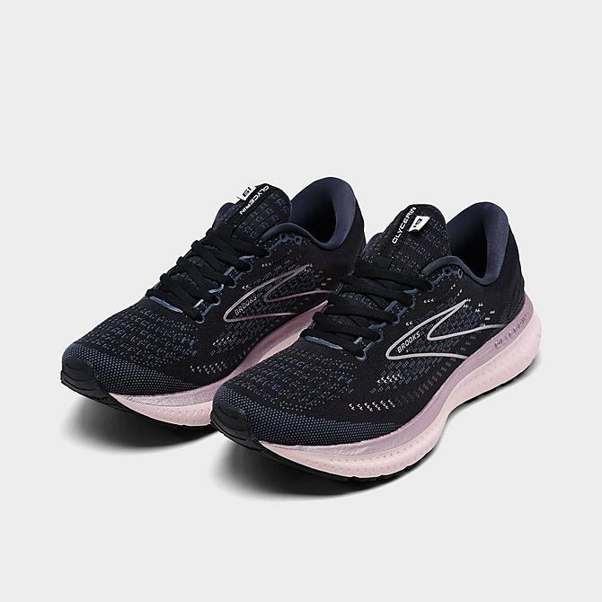 Three Quarter view of Women's Brooks Glycerin 19 Running Shoes in Black/Lavendar Click to zoom