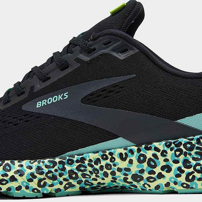 Front view of Women's Brooks Launch 8 Electric Cheetah Running Shoes in Black/Ebony/Ocean Click to zoom