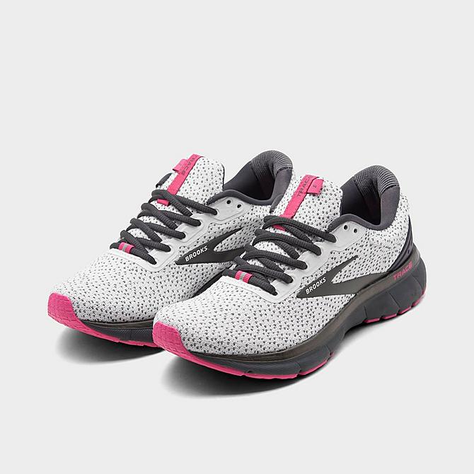 Three Quarter view of Women's Brooks Trace Running Shoes in Ebony/White/Pink Click to zoom