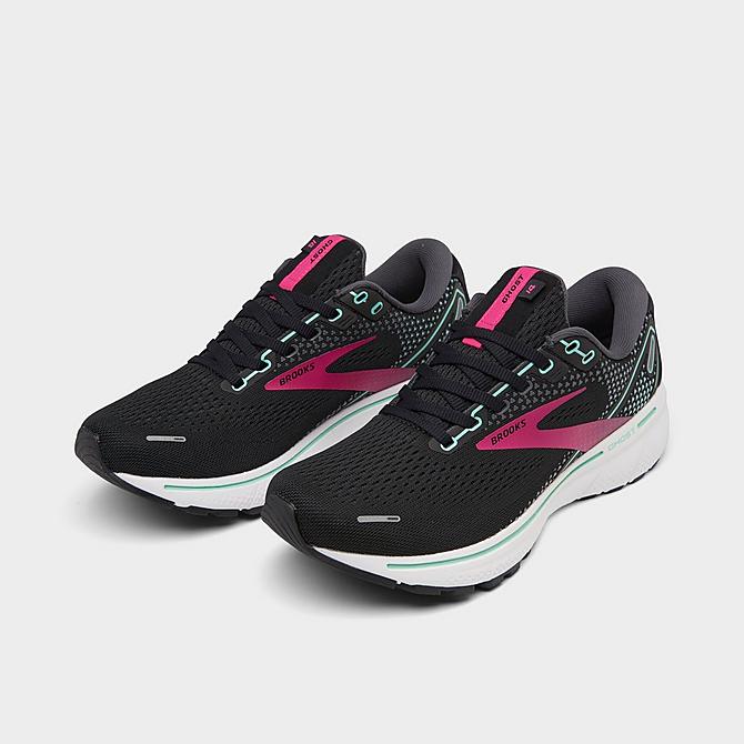 Three Quarter view of Women's Brooks Ghost 14 Running Shoes in Black/Pink/Yucca Click to zoom