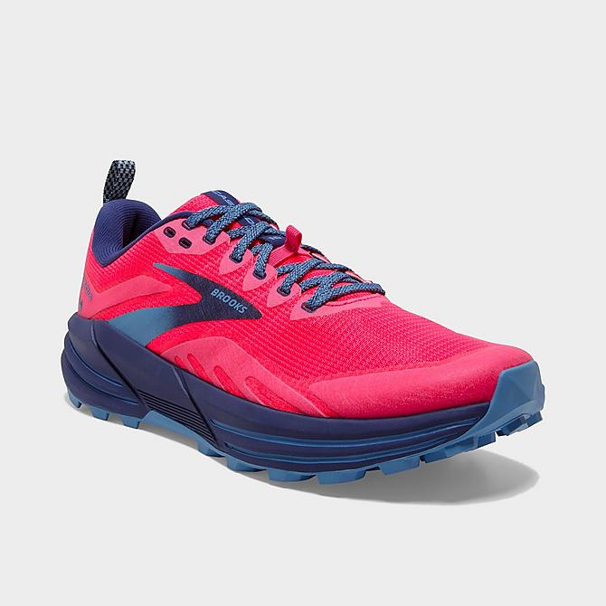 Three Quarter view of Women's Brooks Cascadia 16 Trail Running Shoes in Pink/Flambe/Cobalt Click to zoom