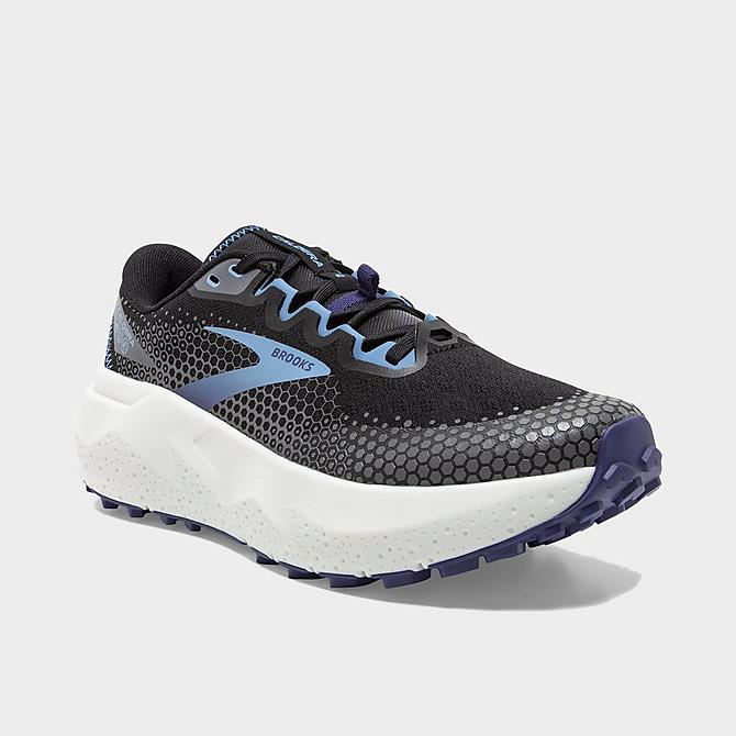 Three Quarter view of Women's Brooks Caldera 6 Trail Running Shoes in Black/Blissful Blue/Grey Click to zoom
