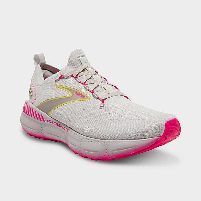Three Quarter view of Women's Brooks Glycerin StealthFit GTS 20 Running Shoes in Grey/Yellow/Pink Click to zoom