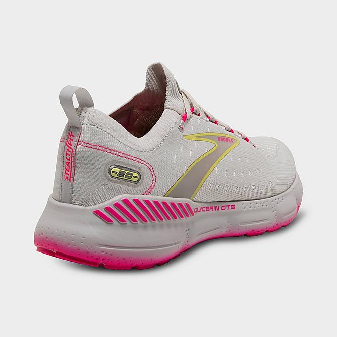 Left view of Women's Brooks Glycerin StealthFit GTS 20 Running Shoes in Grey/Yellow/Pink Click to zoom