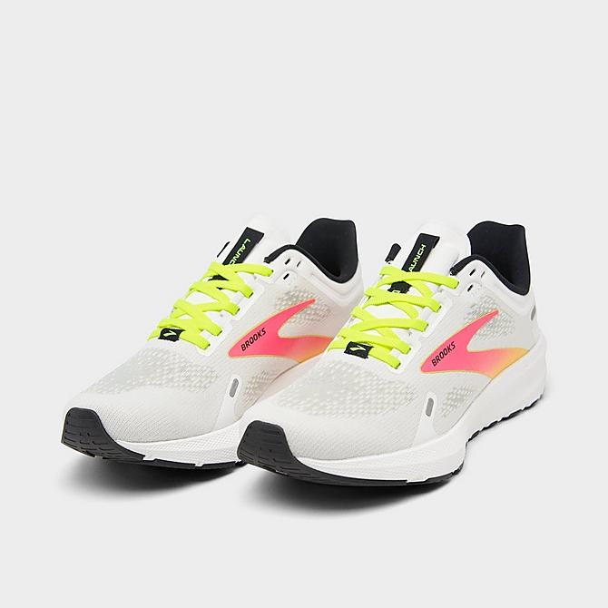 Three Quarter view of Women's Brooks Launch 9 Running Shoes in White/Pink/Nightlife Click to zoom