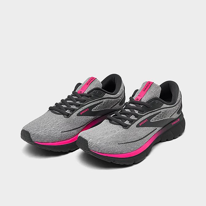 Three Quarter view of Women's Brooks Trace 2 Road Running Shoes in Oyster/Ebony/Pink Click to zoom