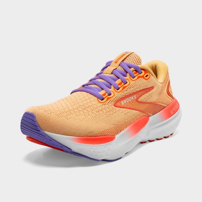 Three Quarter view of Women's Brooks Glycerin 21 Running Shoes in Sunburst/Nasturtium/Purple Click to zoom
