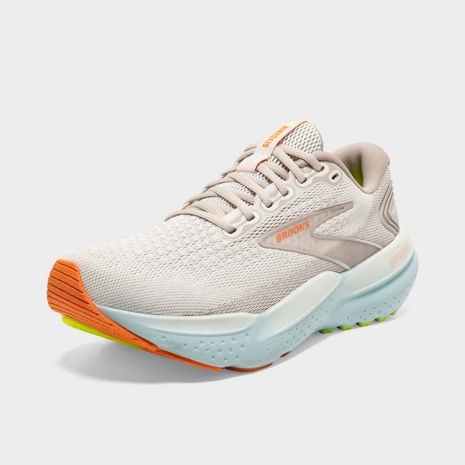 Three Quarter view of Women's Brooks Glycerin 21 Running Shoes (Wide Width) in Coconut/Aqua/Autumn Sunset Click to zoom