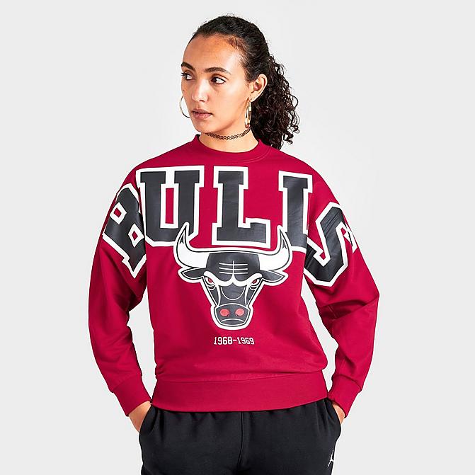 Front view of Women's Mitchell & Ness Chicago Bulls NBA Fleece Crewneck Sweatshirt in Red Click to zoom