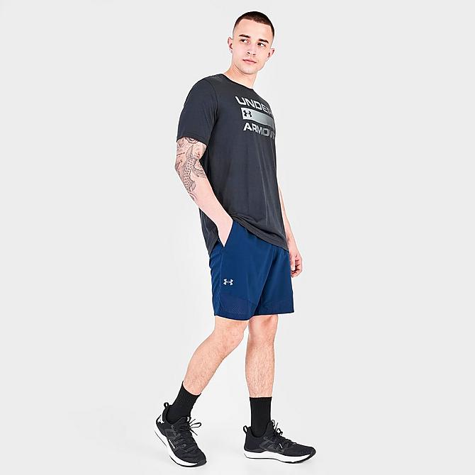 Front Three Quarter view of Men's Under Armour Vanish Woven Shorts in Academy Blue Click to zoom