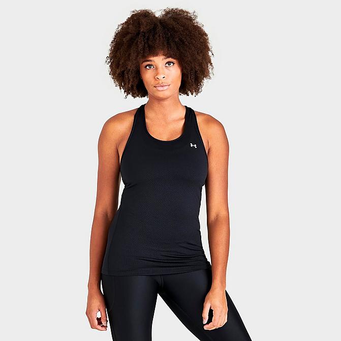 Front view of Women's Under Armour HeatGear Armour Racer Tank in Black/Metallic Silver Click to zoom