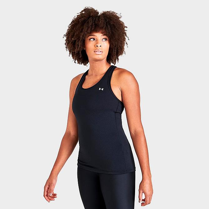 Back Left view of Women's Under Armour HeatGear Armour Racer Tank in Black/Metallic Silver Click to zoom