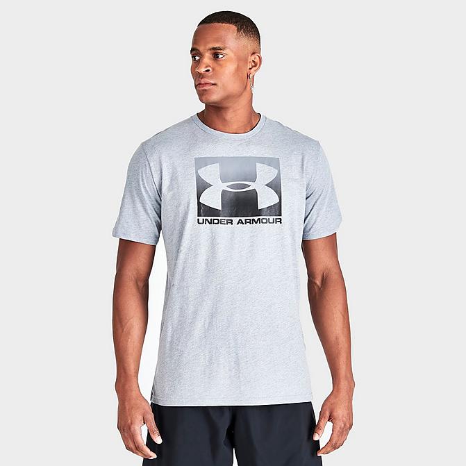 Front view of Men's Under Armour Sportstyle Boxed T-Shirt in Steel Light Heather Black Click to zoom