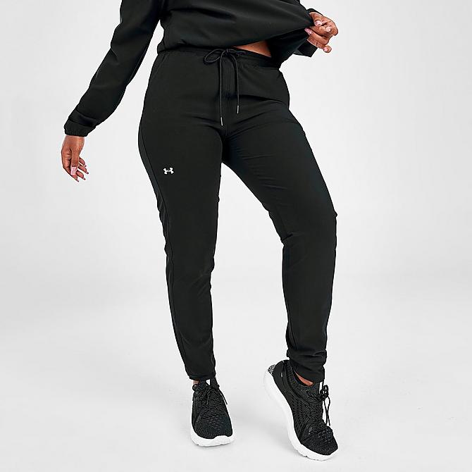Back Left view of Women's Under Armour Sport Woven Jogger Pants in Black/Metallic Silver Click to zoom