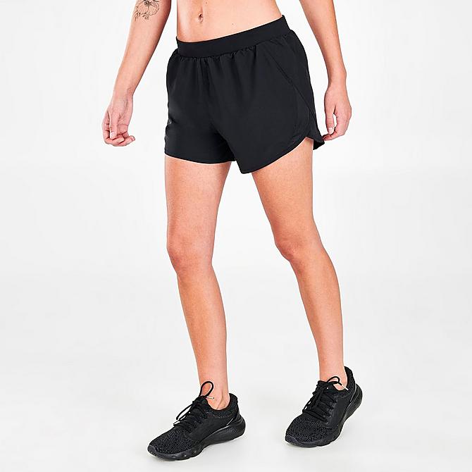Back Left view of Women's Under Armour Fly-By 2.0 Training Shorts in Black Click to zoom