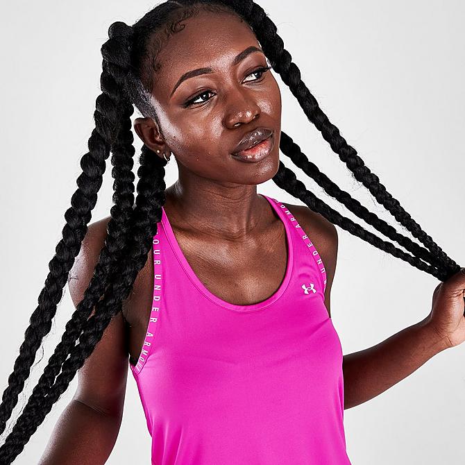 On Model 5 view of Women's Under Armour Knockout Training Tank in Meteor Pink Click to zoom