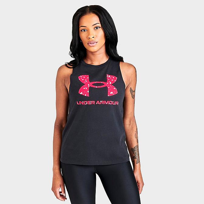 Front view of Women's Under Armour Sportstyle Graphic Tank in Black/Pink Click to zoom