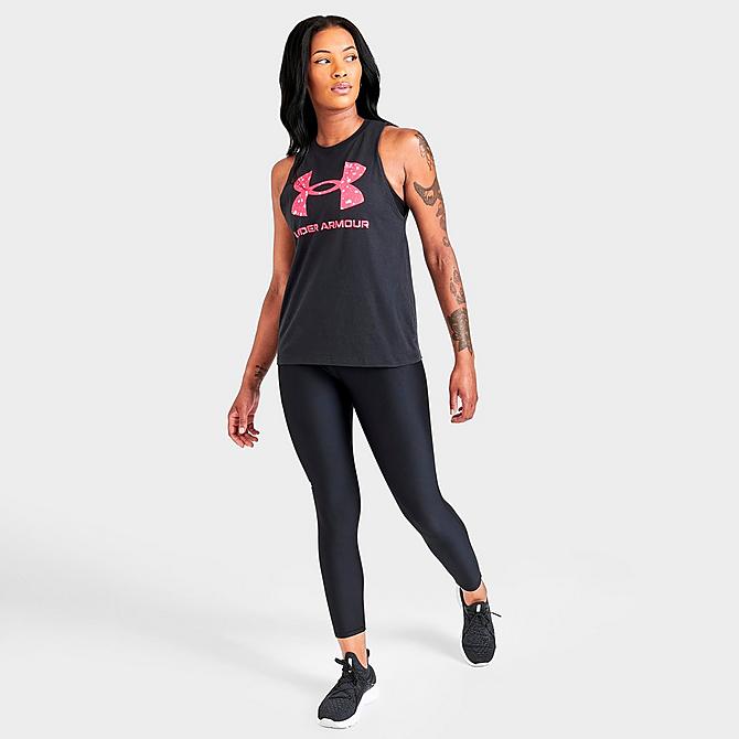 Front Three Quarter view of Women's Under Armour Sportstyle Graphic Tank in Black/Pink Click to zoom