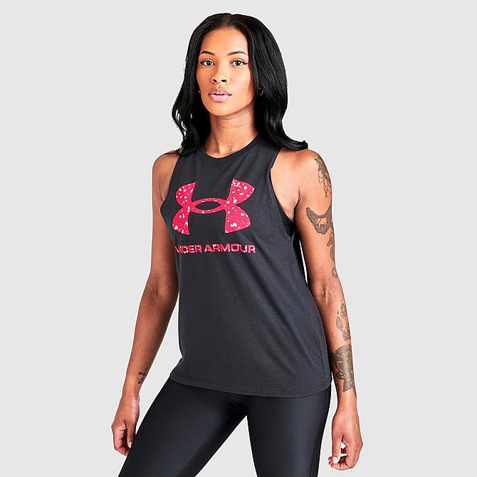 Back Left view of Women's Under Armour Sportstyle Graphic Tank in Black/Pink Click to zoom
