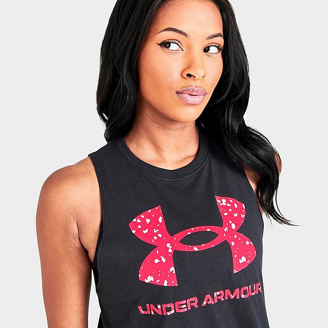 On Model 5 view of Women's Under Armour Sportstyle Graphic Tank in Black/Pink Click to zoom