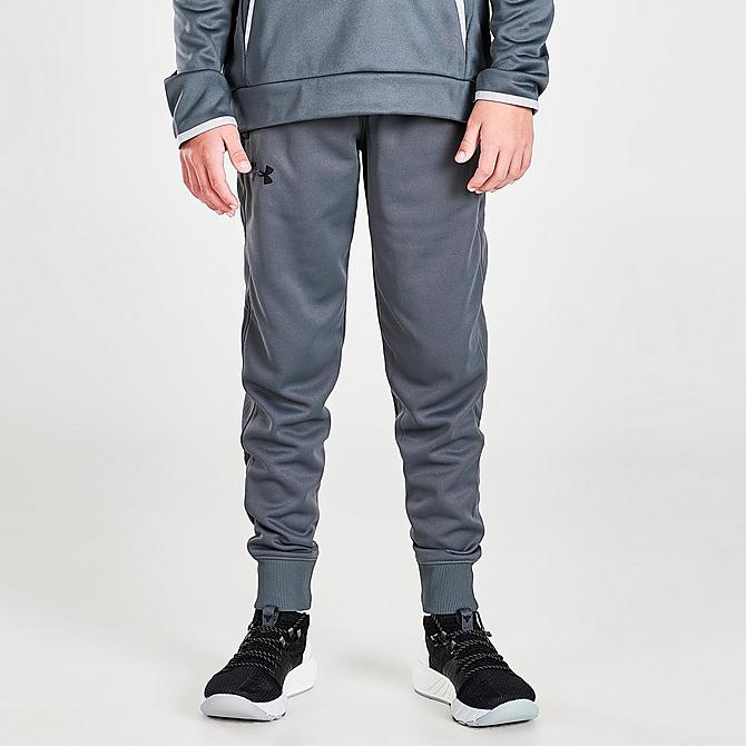 Front Three Quarter view of Boys' Under Armour Fleece Jogger Pants in Pitch Grey Click to zoom