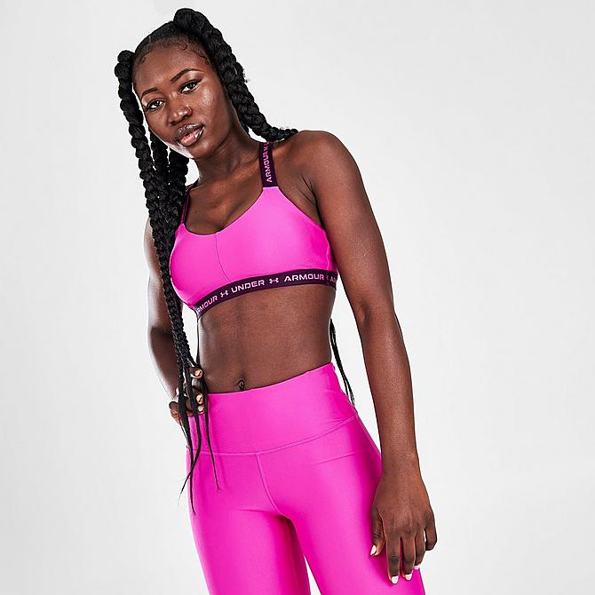 Back Left view of Women's Under Armour Crossback Low Light-Support Sports Bra in Meteor Pink Click to zoom